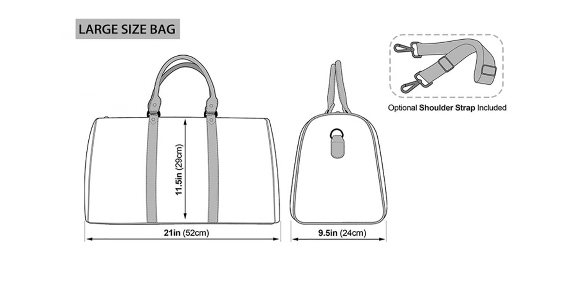 Illustrations of small and large size bags with dimensions and optional shoulder straps.