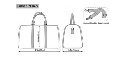 Illustrations of small and large size bags with dimensions and optional shoulder straps.