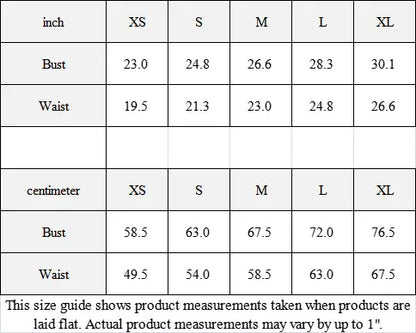 Size guide chart for XS to XL string bikini with bust and waist measurements in inches and centimeters, includes care instructions.