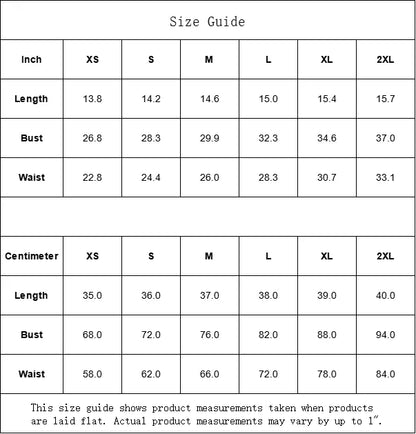 Size guide chart for clothing in inches and centimeters, including length, bust, and waist measurements from XS to 2XL.