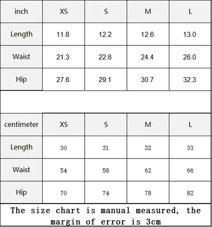 Size chart for yoga shorts in inches and centimeters with XS to L sizes, including length, waist, and hip measurements.