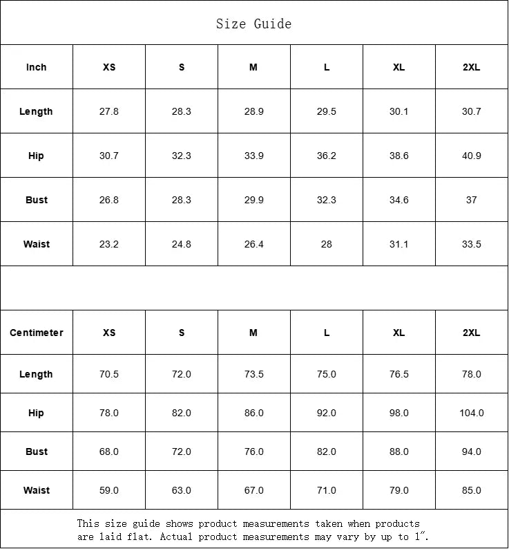 Size guide for romper including XS to 2XL measurements in inches and centimeters for length, hip, bust, and waist.