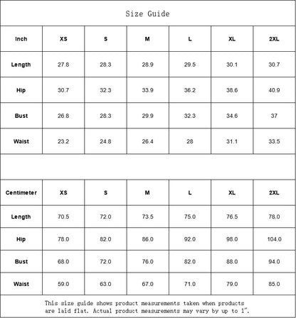 Size guide for romper including XS to 2XL measurements in inches and centimeters for length, hip, bust, and waist.