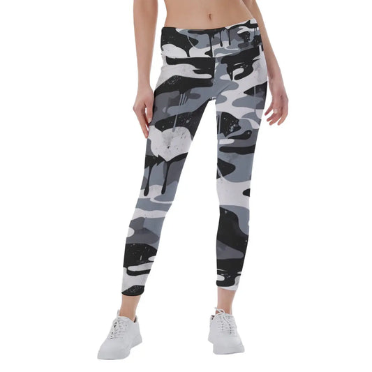 Woman wearing camouflage print yoga leggings with a soft, skin-friendly fabric, ideal for yoga, running, and casual wear.
