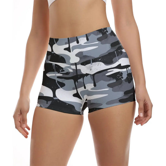 Camo yoga shorts with stretchy fabric for flexibility and comfort. Ideal for yoga, fitness, and sports activities.