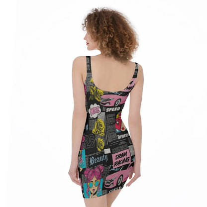 Woman wearing a graphic print bodycon dress featuring a sleeveless sling design, highlighting a comfortable and stylish fit for various occasions.